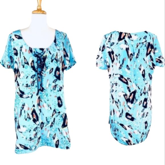 Rebecca Minkoff Shirt Dress 100% Silk Mojabe Blue Shift Lace-Up Scoop Neck Sz L - Picture 2 of 8